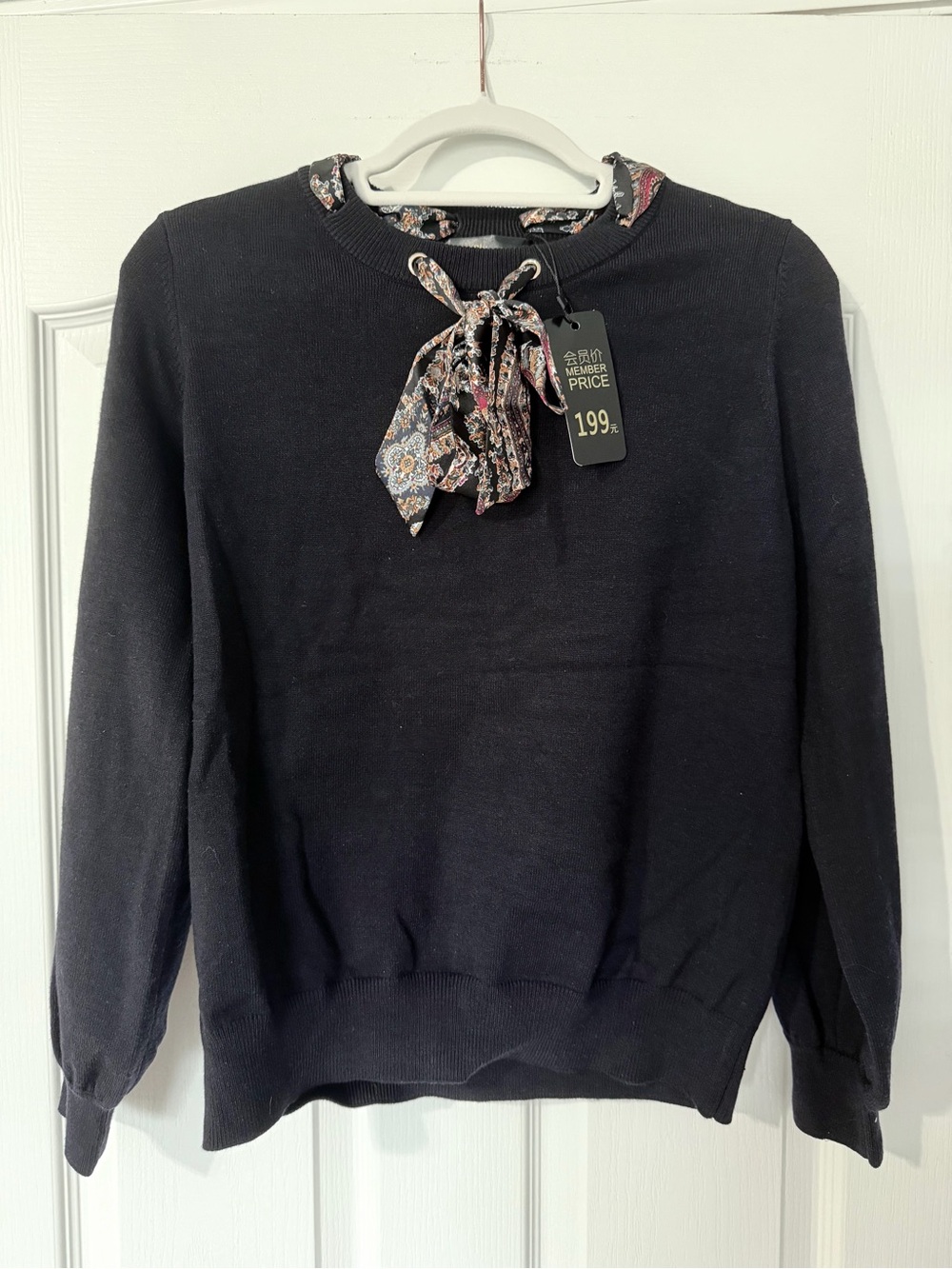 Women's Crewneck Black Sweater with Elegant Floral Tie Neck European Style